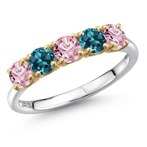 Gem Stone King 925 Silver and 10K Yellow Gold Pink Lab Grown Diamond and London Blue Topaz Wedding-Bands Ring for Women | 1.41 Cttw | Round 4MM | Gemstone April Birthstone | Size 9
