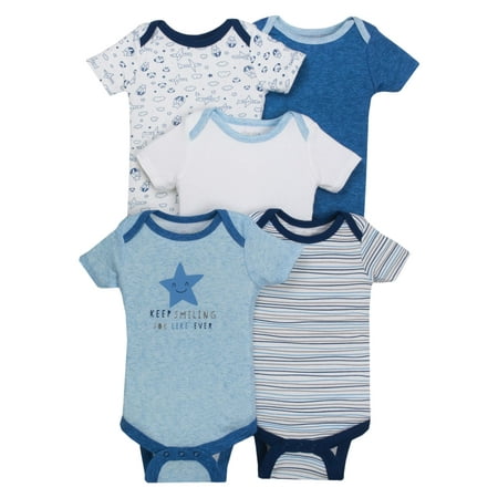 Little Star Organic Newborn Assorted Short Sleeve Bodysuit, 5Pk (Baby Boys, 6M, 9M, 12M,