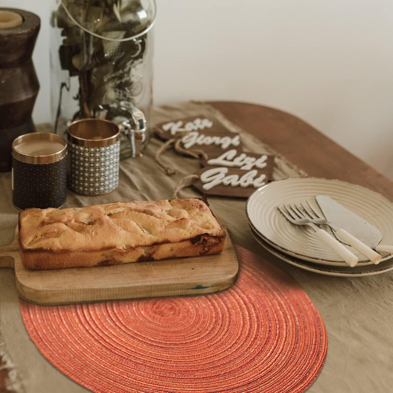 Round Braided Placemats Set of 8 Place mats for Dining Tables Woven Heat Resistant Table Mats 15 inch for Fall (E Brown, 8pcs)