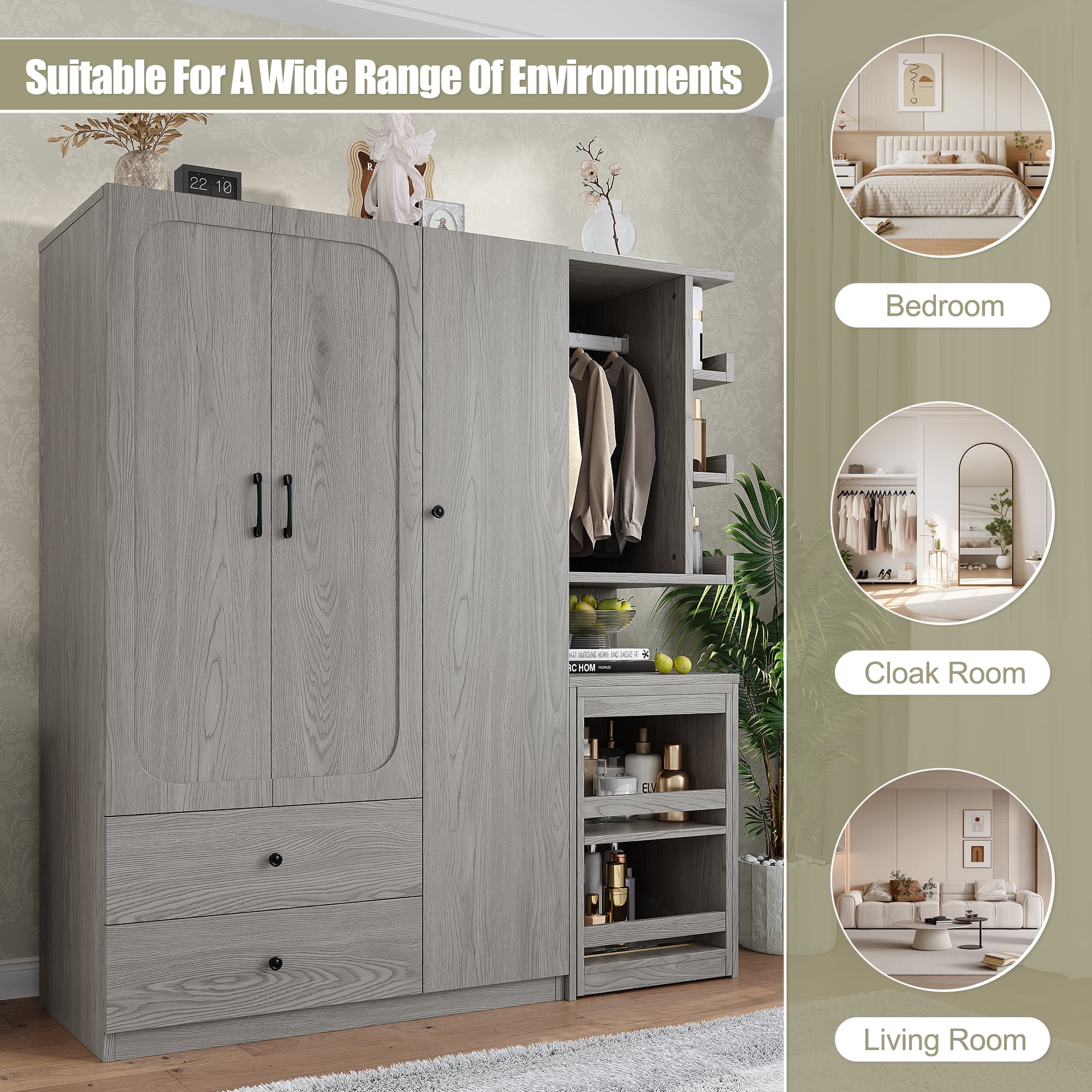 Mintazer Multifunctional Wardrobe Closet with Convertible Foldable Desk & Open Shelves, Clothes Storage Cabinet with Hanging Rod & Drawers for Bedroom Cloakroom Apartment, Gray