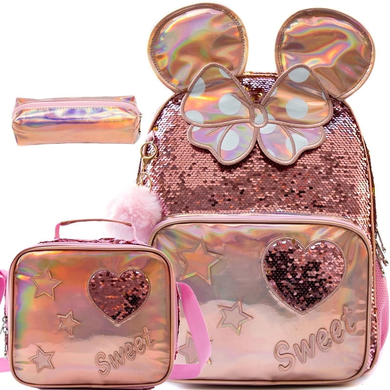 Sequin Kids Backpack for School Backpacks for Girls with Lunch Box Pen Bag Cute Bookbag for Elementary Student Ages 8-12