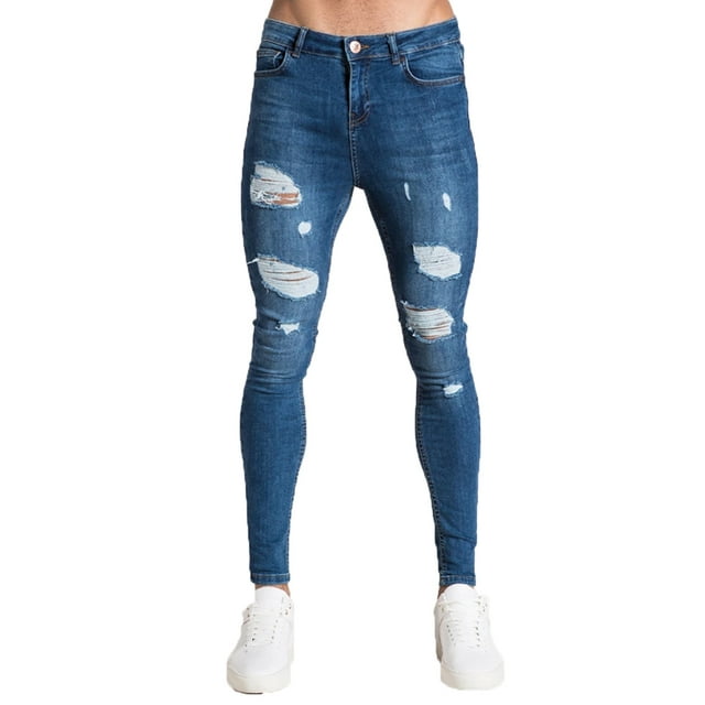 Men? s Ripped Slim Fit Jeans, High Waist Ripped Trousers Close-Fitting Pants for Men, Dark Blue/Light Blue/Black/White