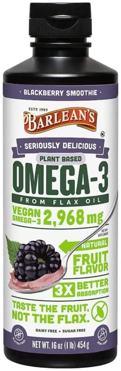 Barlean's Seriously Delicious Blackberry Smoothie Omega-3 Flax Oil  - All-Natural Fruit Flavor, Vegan, Non-GMO, Gluten Free (16 oz)