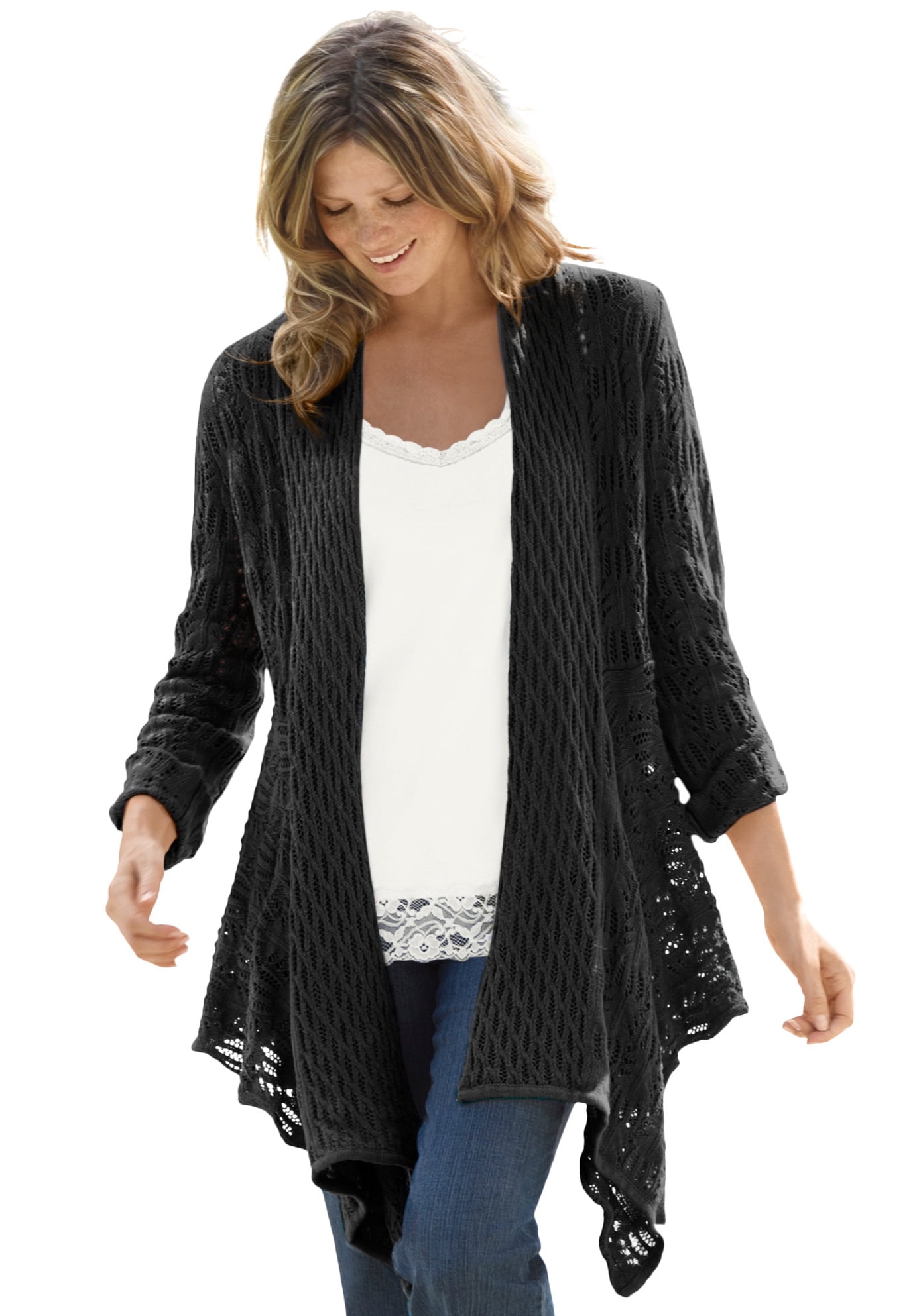 Woman Within Women's Plus Size Open Front Pointelle Cardigan Sweater 
