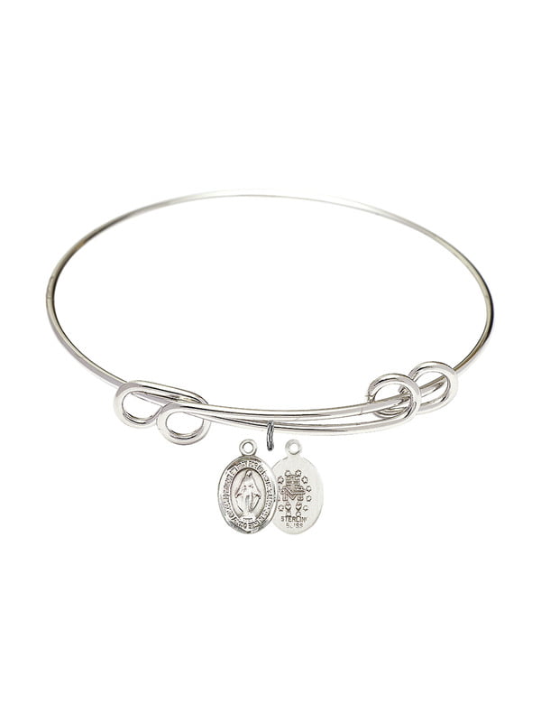 Rhodium Plate Double Loop Bangle Bracelet with Miraculous Medal Charm 8 Inch