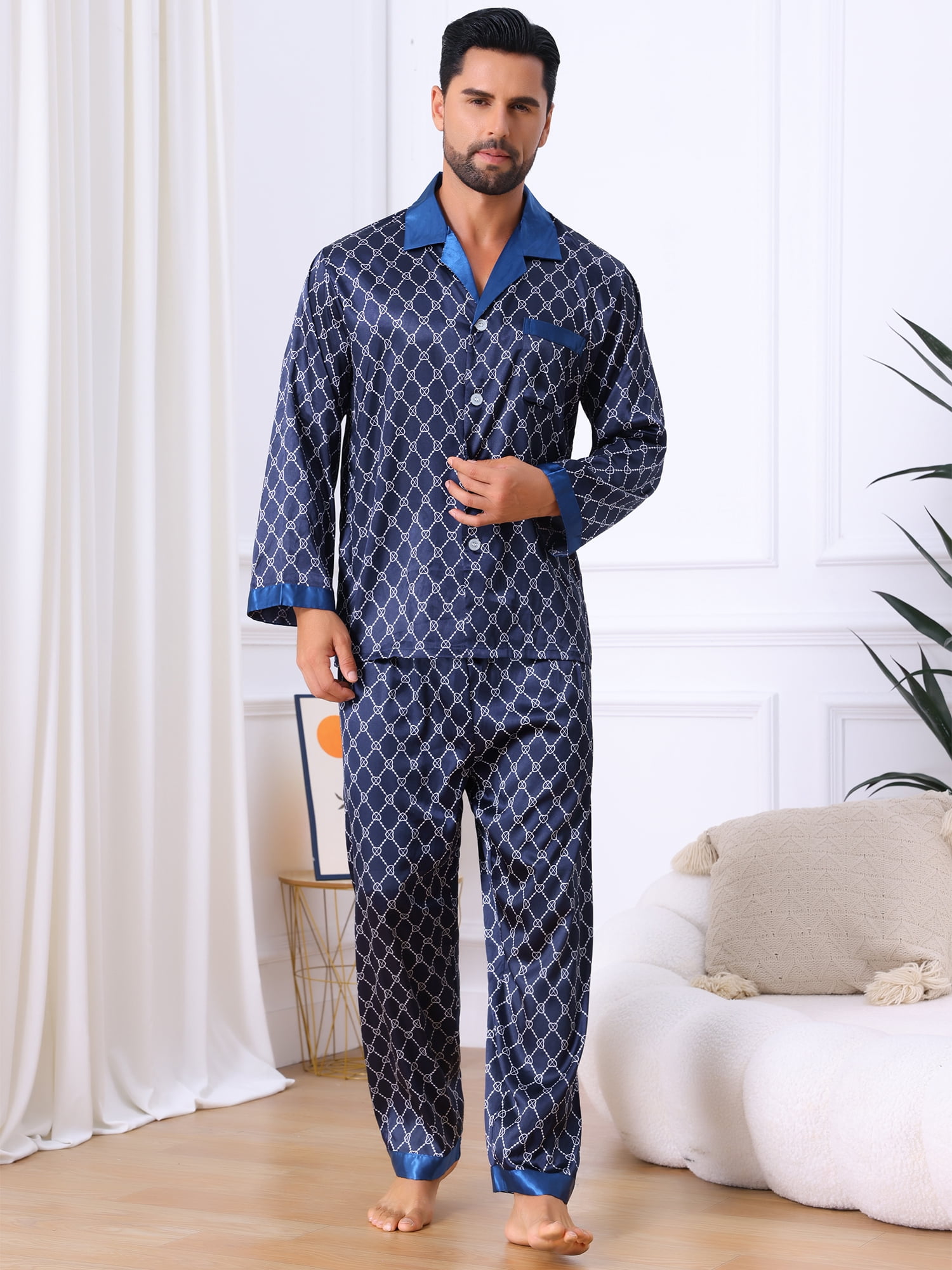 DARING DIVA Men's 2-Piece Button Down Printing Sleepshirt Pajamas Set XL Blue
