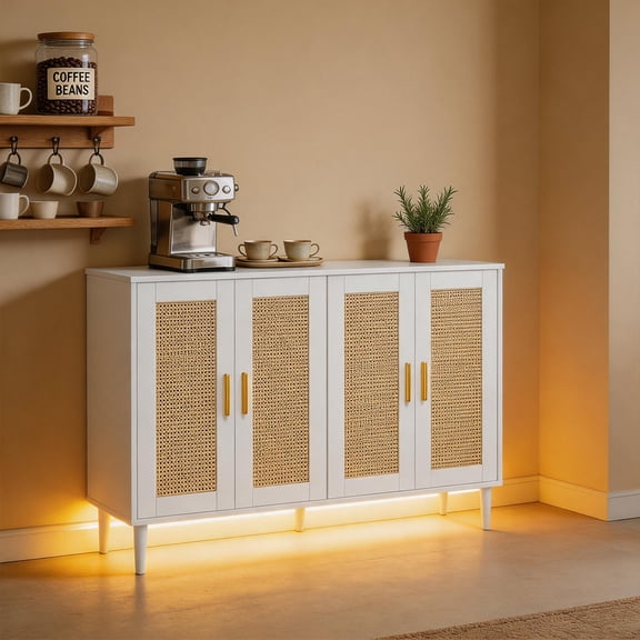 BOCVKENN Wood Sideboard Buffet Cabinet with Adjustable Shelves and 4 Rattan Doors, White