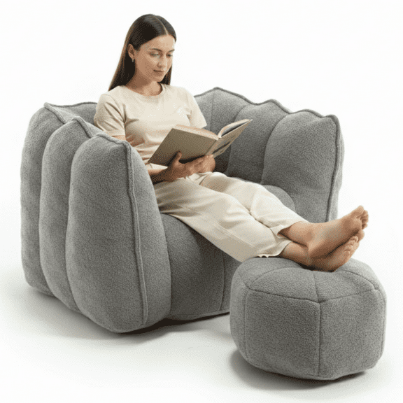 Bean Bag Chair with Footstool, Soft Lightweight Filled Bean Bag Sofa Chair with High Resilient Foam, Chenille Adult Bean Bag Chair with Armrests for Adults to Game, Read, Watch TV, Gray