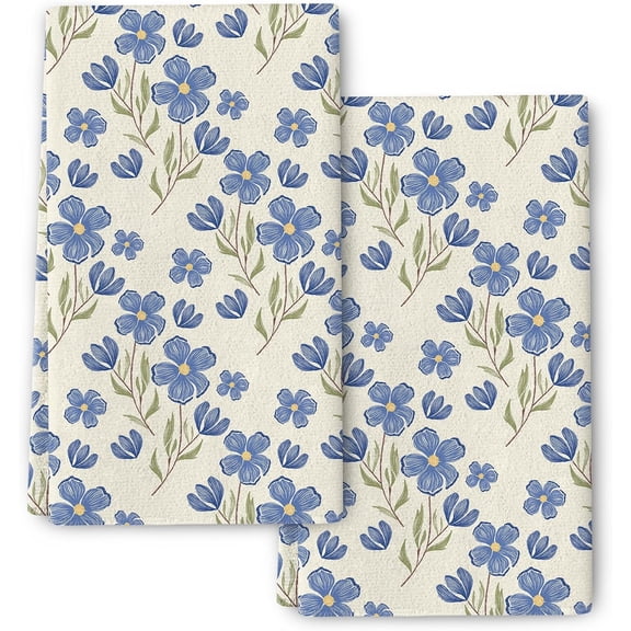 Blue Floral Kitchen Towels Decorative Set of 2 Blue Wildflower Dish Towels for Kitchen Farmhouse Bar Absorbent Hand Drying Cloth Spring Summer Home Decorations 18x26 Inch