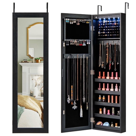 Resenkos Wall/Door Mounted Jewelry Cabinet with LED Lights and Mirror - Black