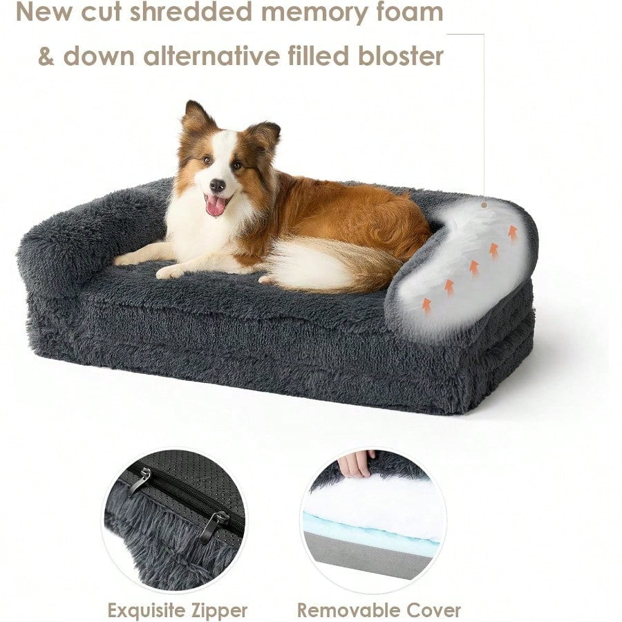 Human Dog Bed For Foldable XXL Dog Bed Faux Fur Fluffy Pet Couch Bed Orthopedic Calming Memory Foam Big Pet Bed Washable Pet Sofa Bed With NonSlip Bottom Dark Grey 54x38x7.5