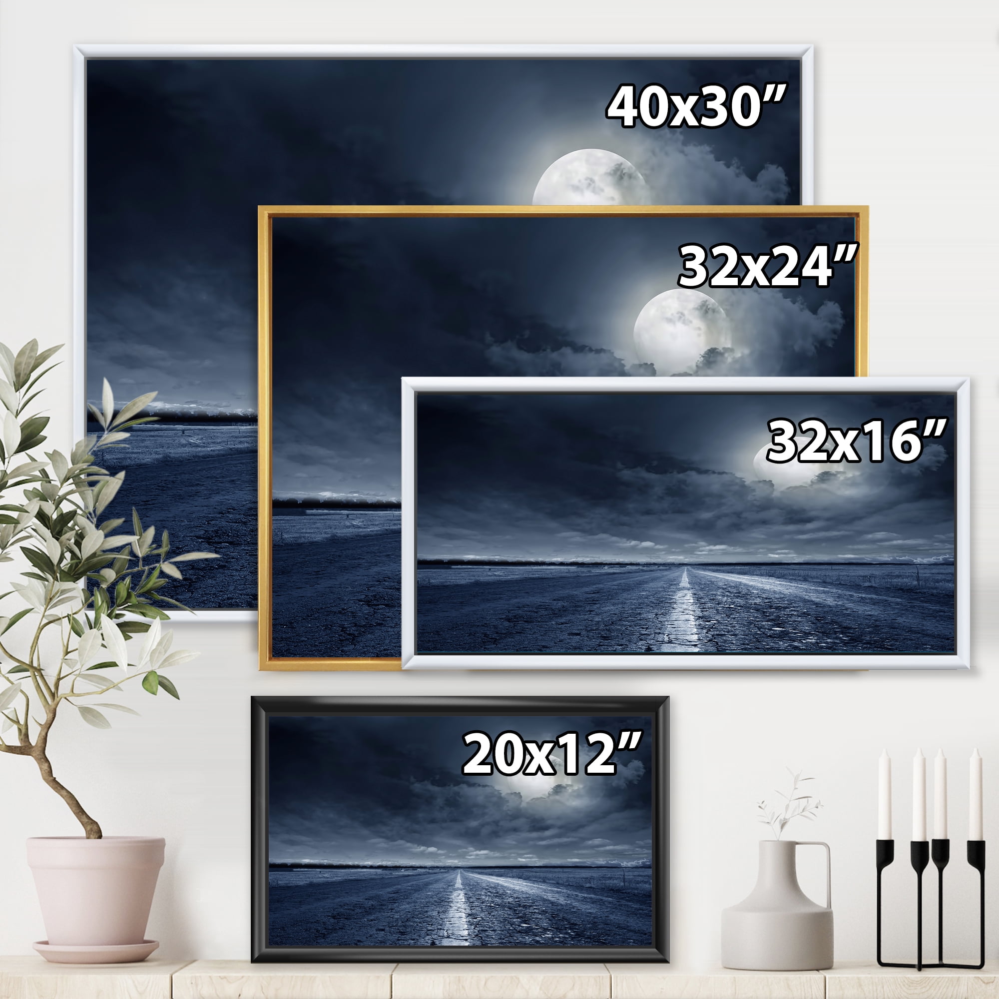 Designart 'Cloudy Full Moon Over Asphalt Road I' Nautical & Coastal Framed Canvas Wall Art Print