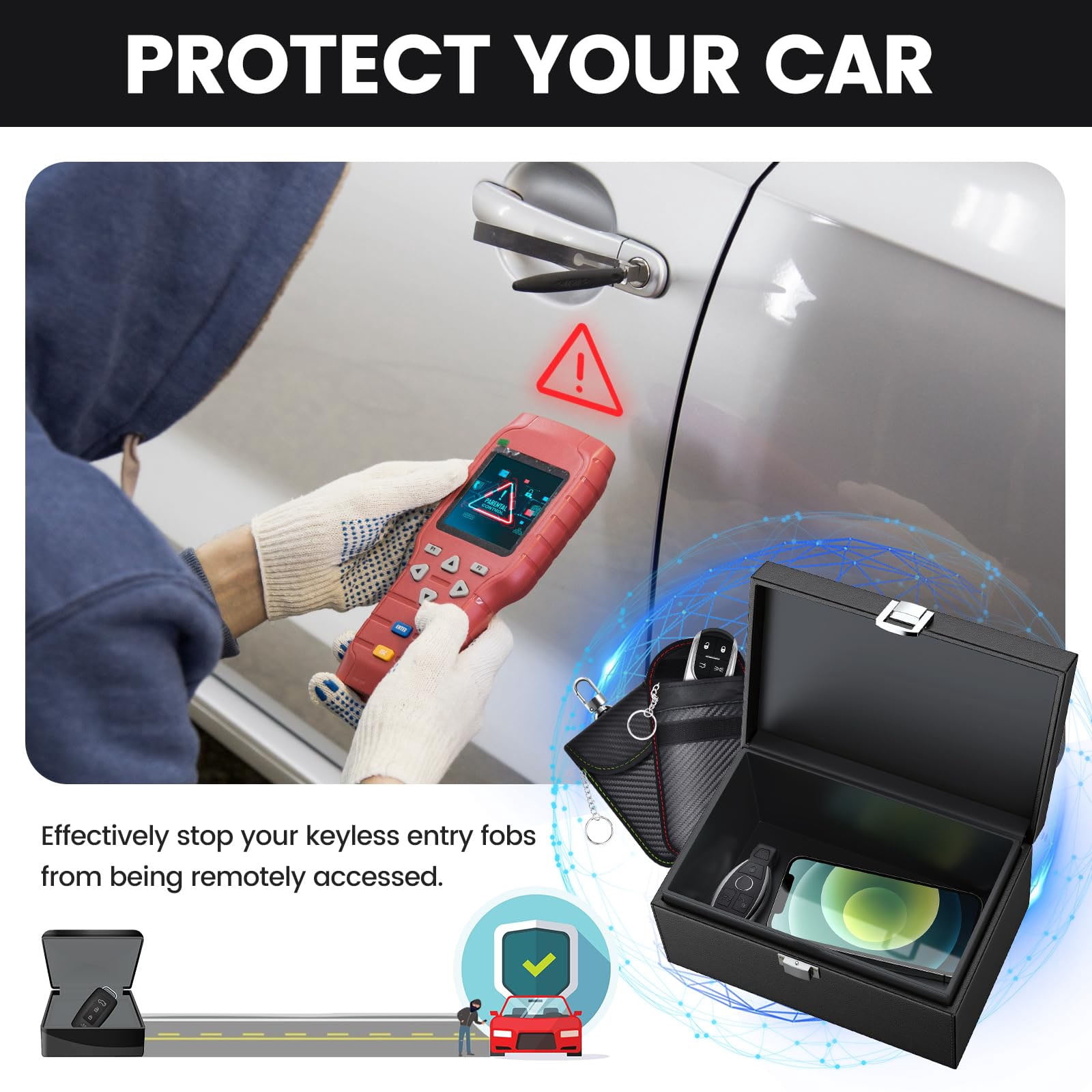 Faraday Box Key Fob Protector, Faraday Box with 2 Pack Faraday Bags, RFID Box for Car Keys, Signal Blocking Box for Car Security (Large)