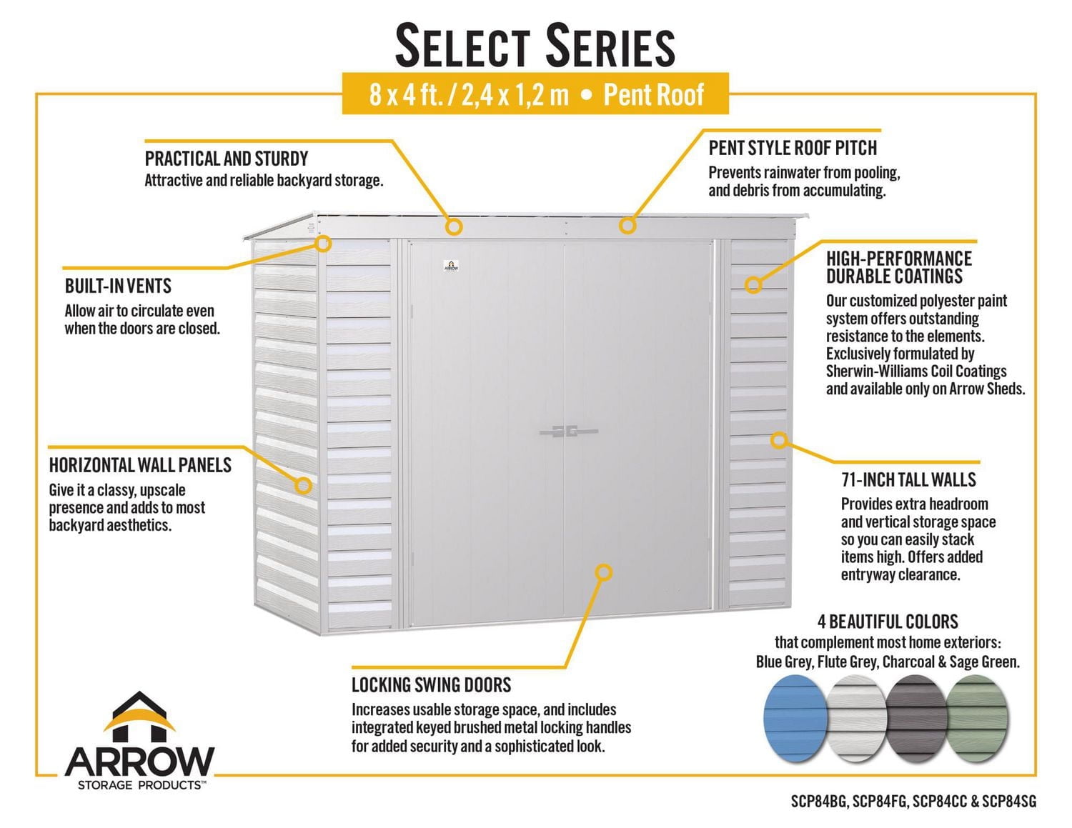 Arrow Select Steel Storage Shed, 8x4, Gris pâle