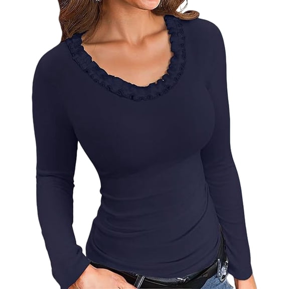 Womens Fall Clothes Long Sleeve Shirts Scoop Neck Ribbed Knit Slim Fitted Trendy Casual Tops Navy Blue L