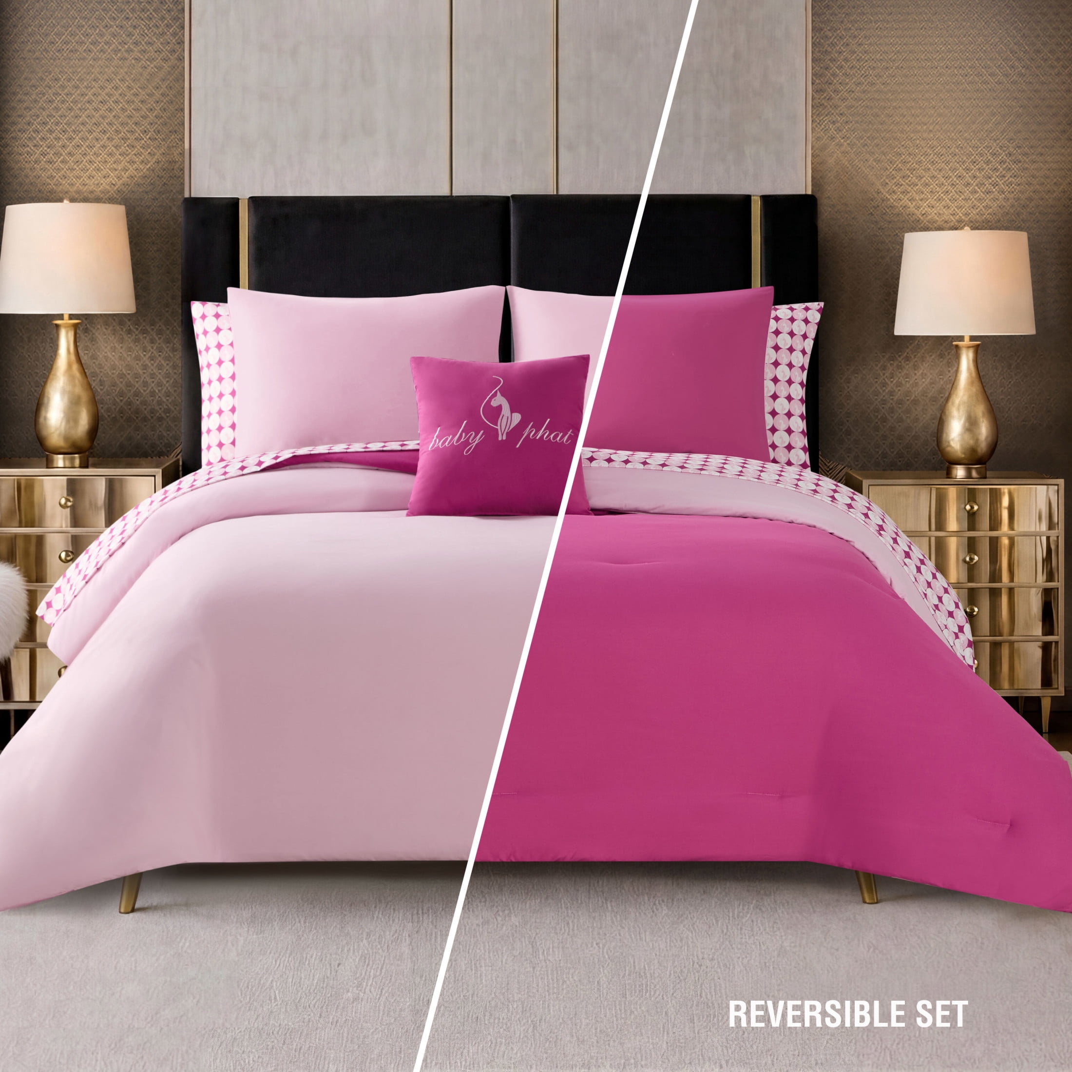 Baby Phat Circles Solid 8-Piece Reversible Comforter Bed in a Bag, Pink, Queen