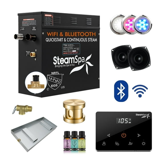 Black Series 6KW Steam Bath Generator with Advanced Touch Screen, BLUETOOTH WIFI Control, and Auto Drain in Gold