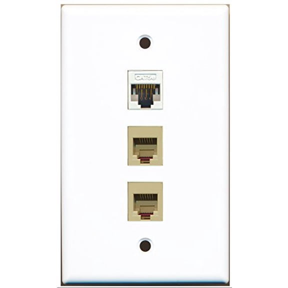 RiteAV - 2 Port Phone RJ11 RJ12 Beige and 1 Port Cat5e Ethernet White Wall Plate