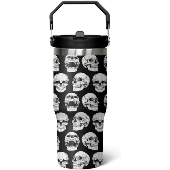 30 oz Skull Flip Tumbler with lid and Straw,Skull CoffeeTravel Mug Cup Water Botter,Skull Gifts for Women,Goth Stuff Decor Accessories