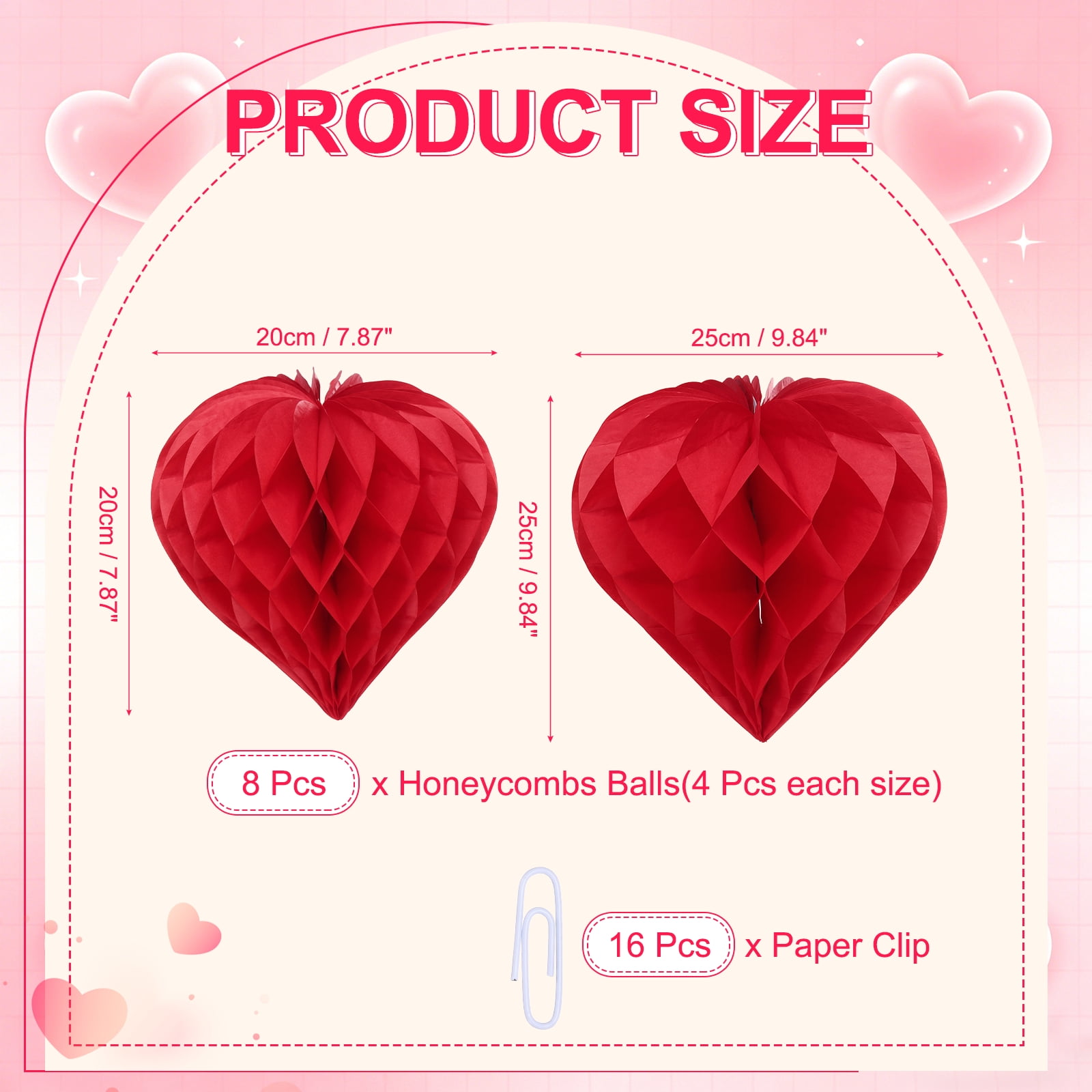 Uxcell 8 Pcs Honeycombs Balls, 8/10" Heart Shaped Honeycombs Paper Pom Poms with Paper Clip Home Hanging Decorations for DIY Crafting Valentines Christmas Wedding Birthday Party, Red