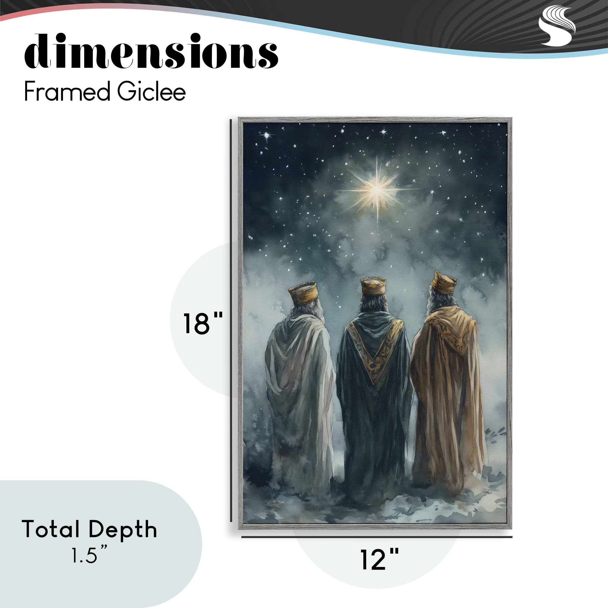 Three Wise Men & North Star Gray Framed Giclee Art, design by Petal Prints Design