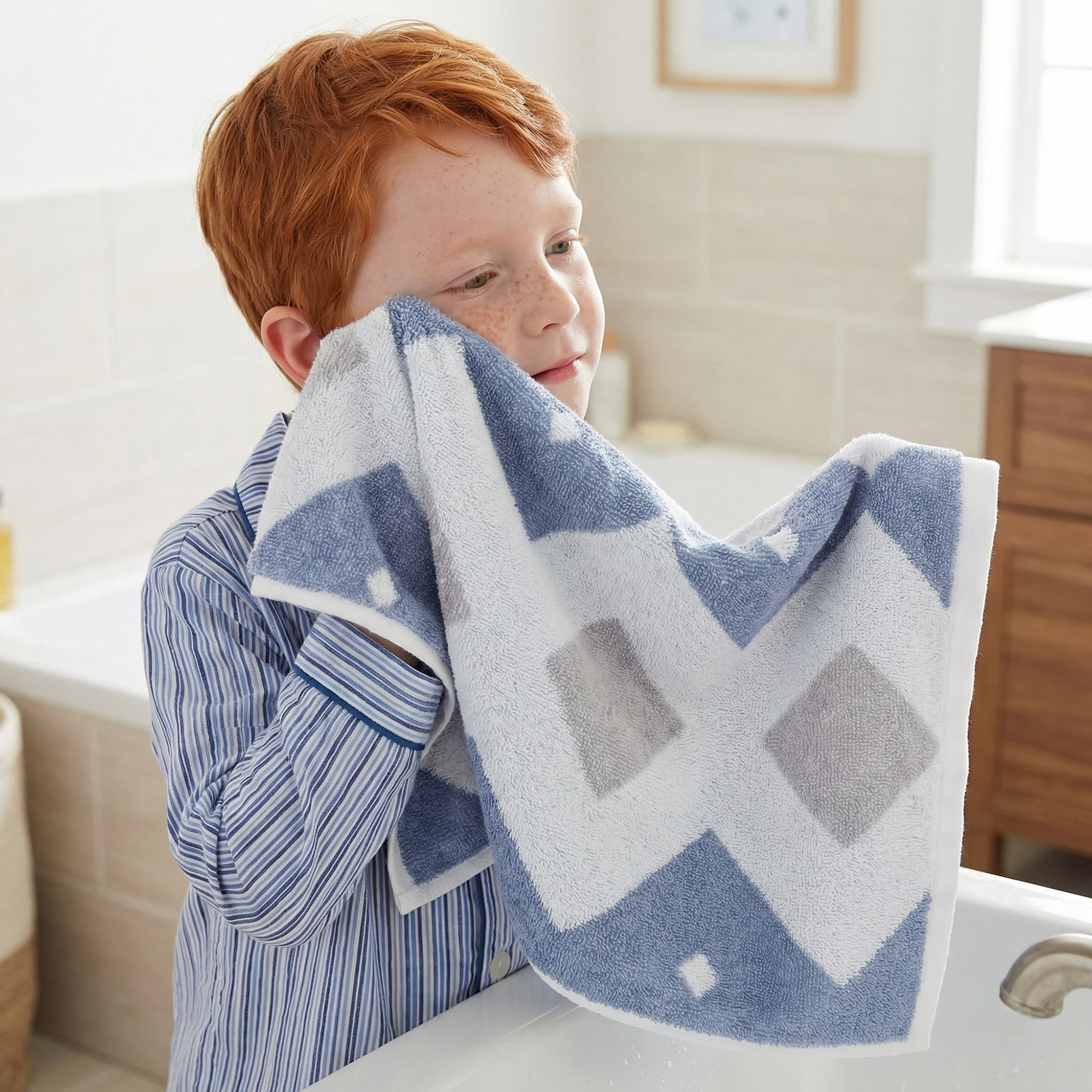Unique Bargains Geometric Rhombus Cotton Soft Color Block Hand Towel Blue 4pcs 28" x 13"