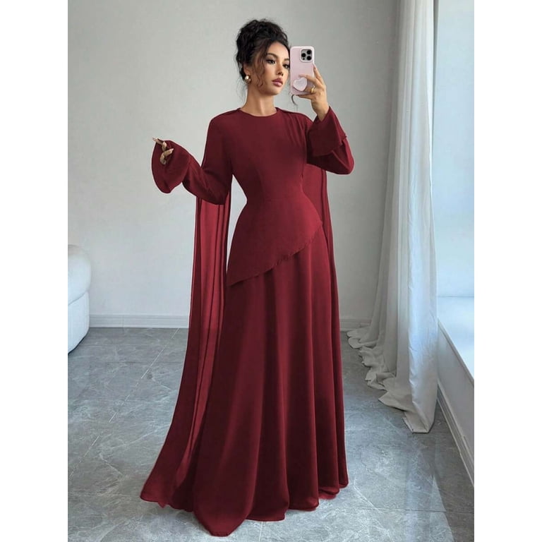 Burgundy Womens Elegant Middle Eastern Style Vintage French Chic Long Dress With Layered Bodice, Flared Sleeves And Shoulder Drape