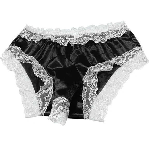 ZQUUVOU Men's Satin Lace Briefs Thong Open Crotch Low Rise Ruffled Floral Lace Trim Briefs Breathable Soft Stretchy Underwear Black
