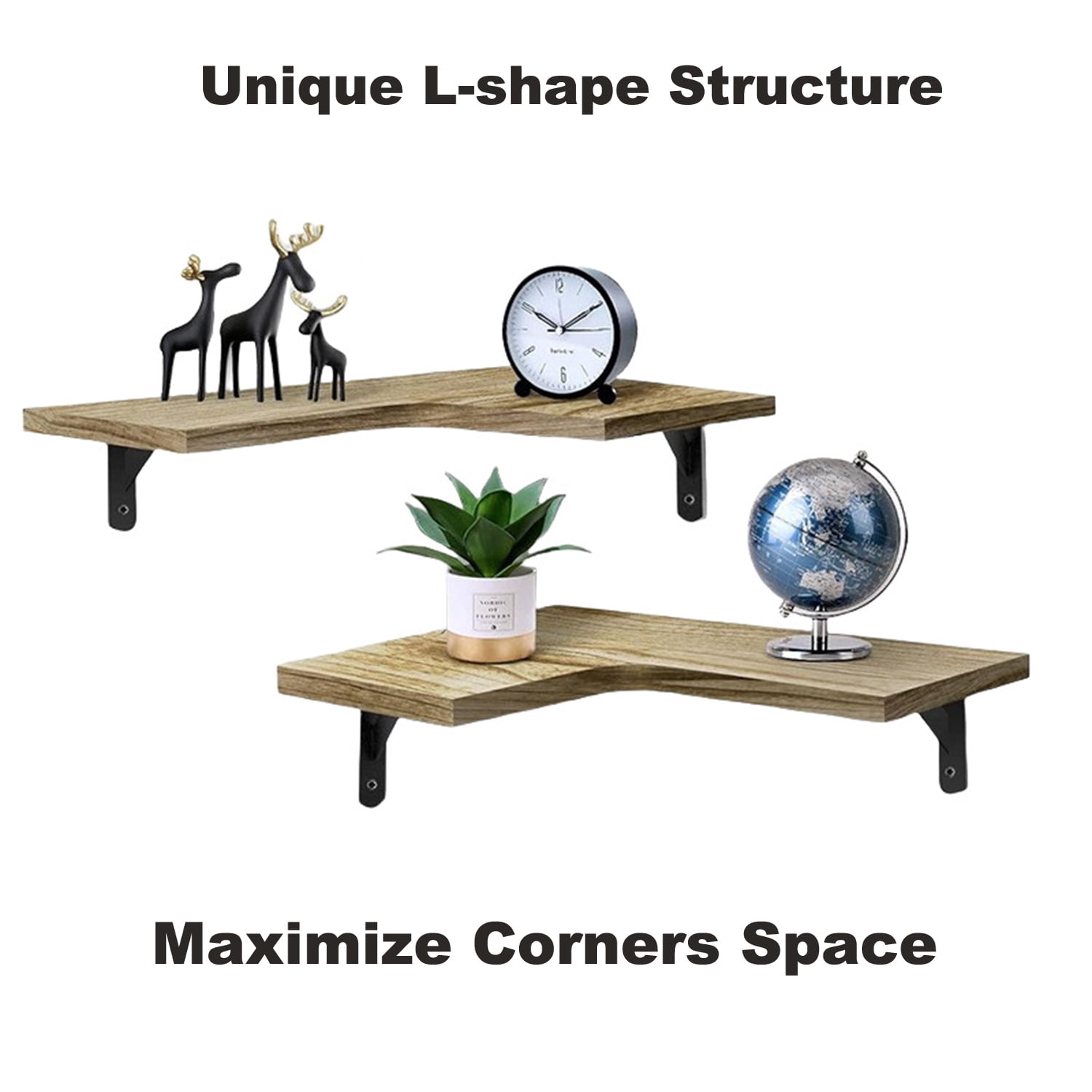 Set of 2 Corner Floating Shelves Wall-Mounted Rustic Wood Shelf for Storage & Decor for Livingroom Kitchen Bathroom Bedroom Laundry Room, 17 Inch Natural Burnt
