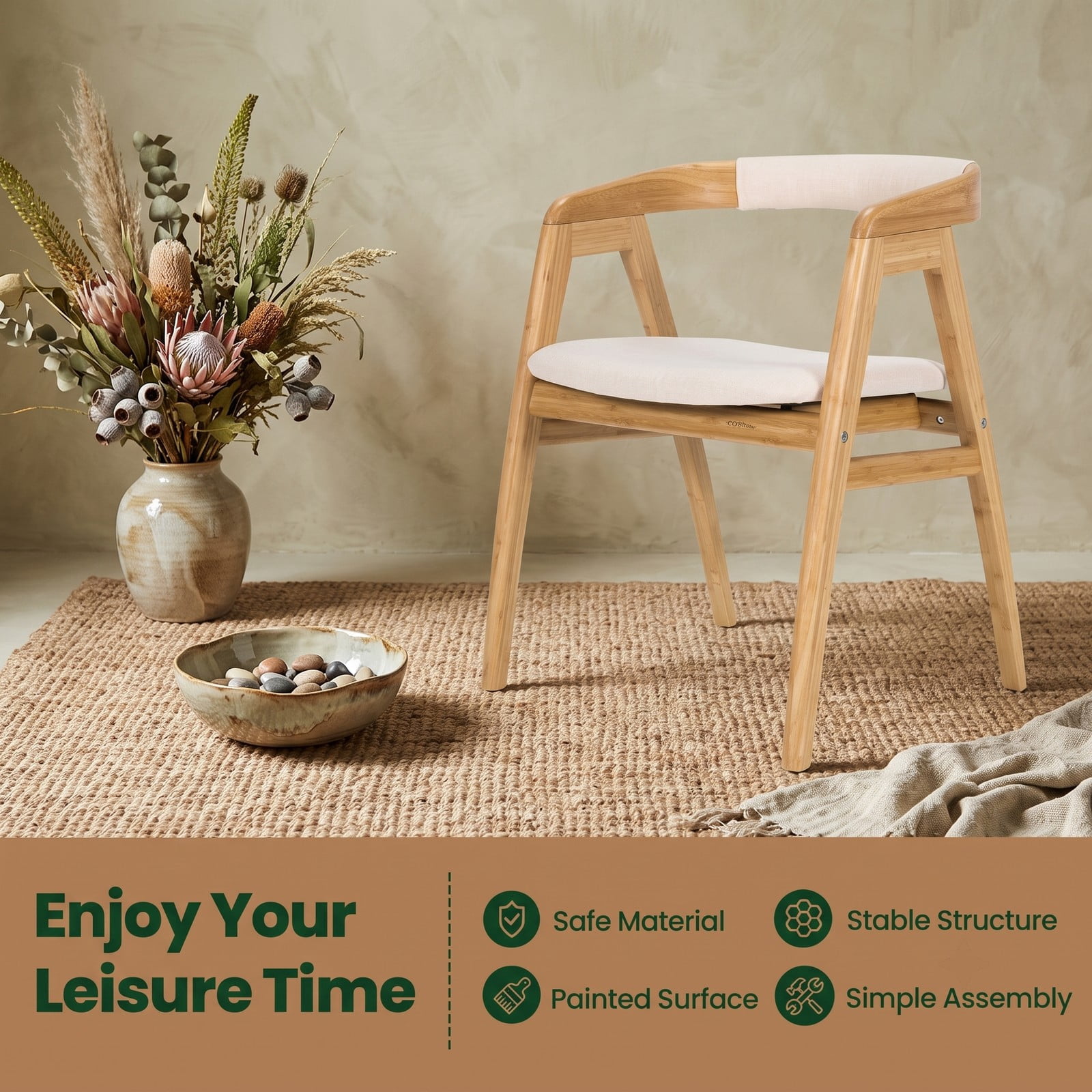 Furnibear Leisure Bamboo Dining Chair with Curved Back, Armrests and Anti-Slip Foot Pads, Cushioned Accent Side Chair for Kitchen Dining Room Living Room, Natural
