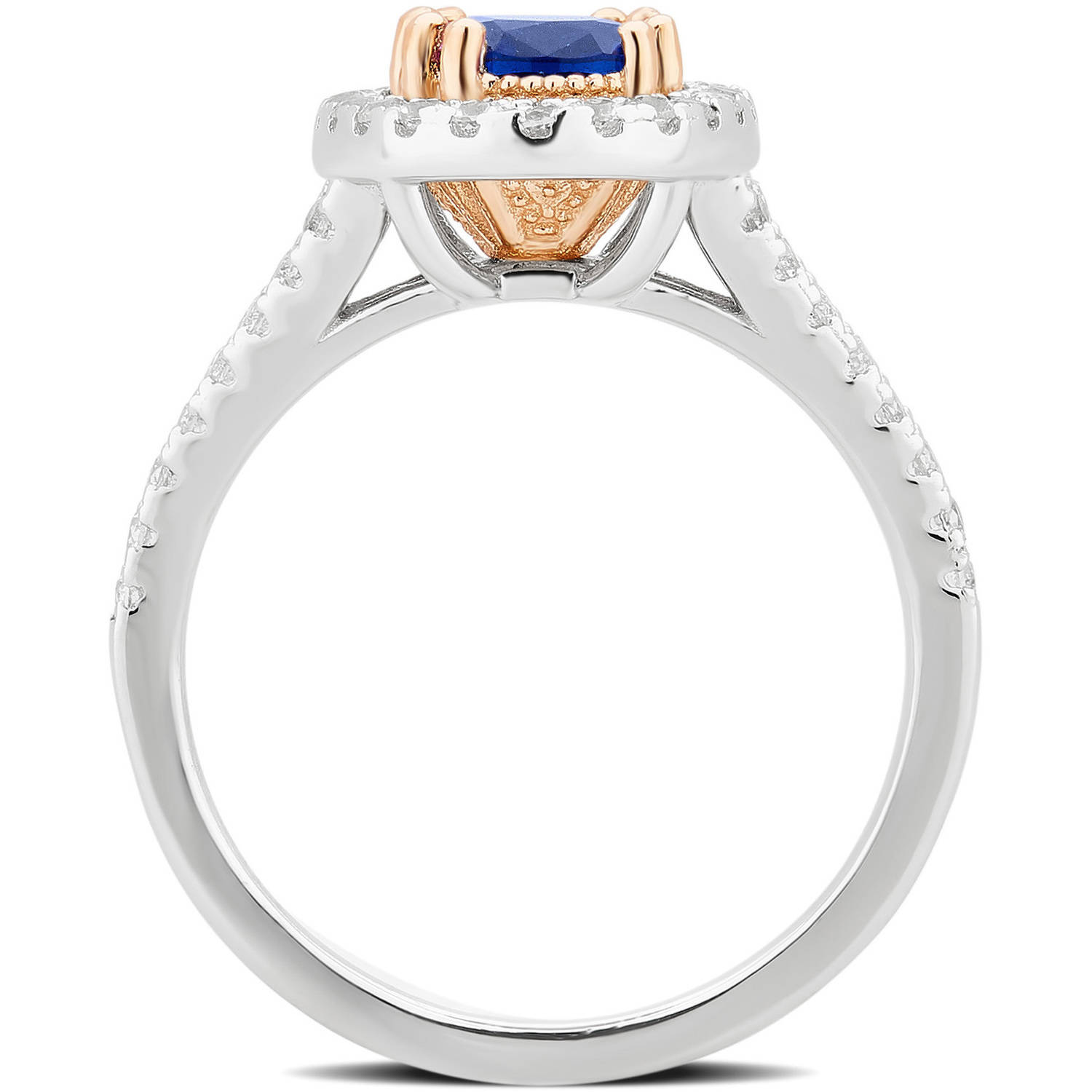 Created Blue and White Sapphire Gemstone Two tone Sterling Silver Split Shank Ring