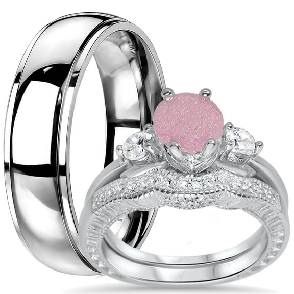 His Hers Wedding Ring Band Set Engagement Bridal CZ Him (Titanium) Her (Silver) (9/10)