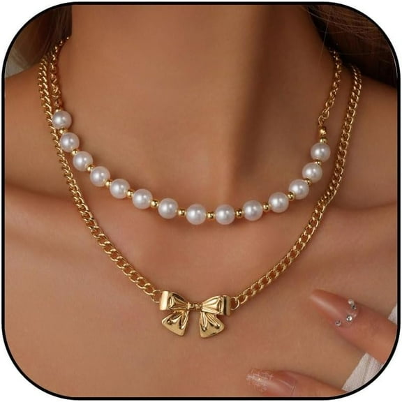 Gold Bow Necklace for Women Layered Bow Pearl Necklaces Bow Daisy Beaded Necklace Flower Choker Necklaces Statement Jewelry Gifts