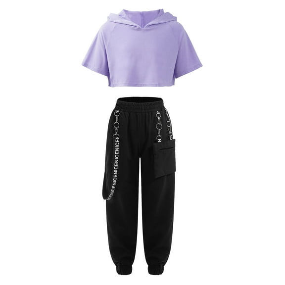 Hansber Kids Girls Hip Hop Clothes Crop Top with Harem Pants Set 2 Piece Workout Outfits Jazz Street Lavender 10