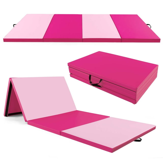 Costway 10' x 4' x 2" 4-Panel Folding Exercise Mat with Carrying Handles for Gym Yoga Pink