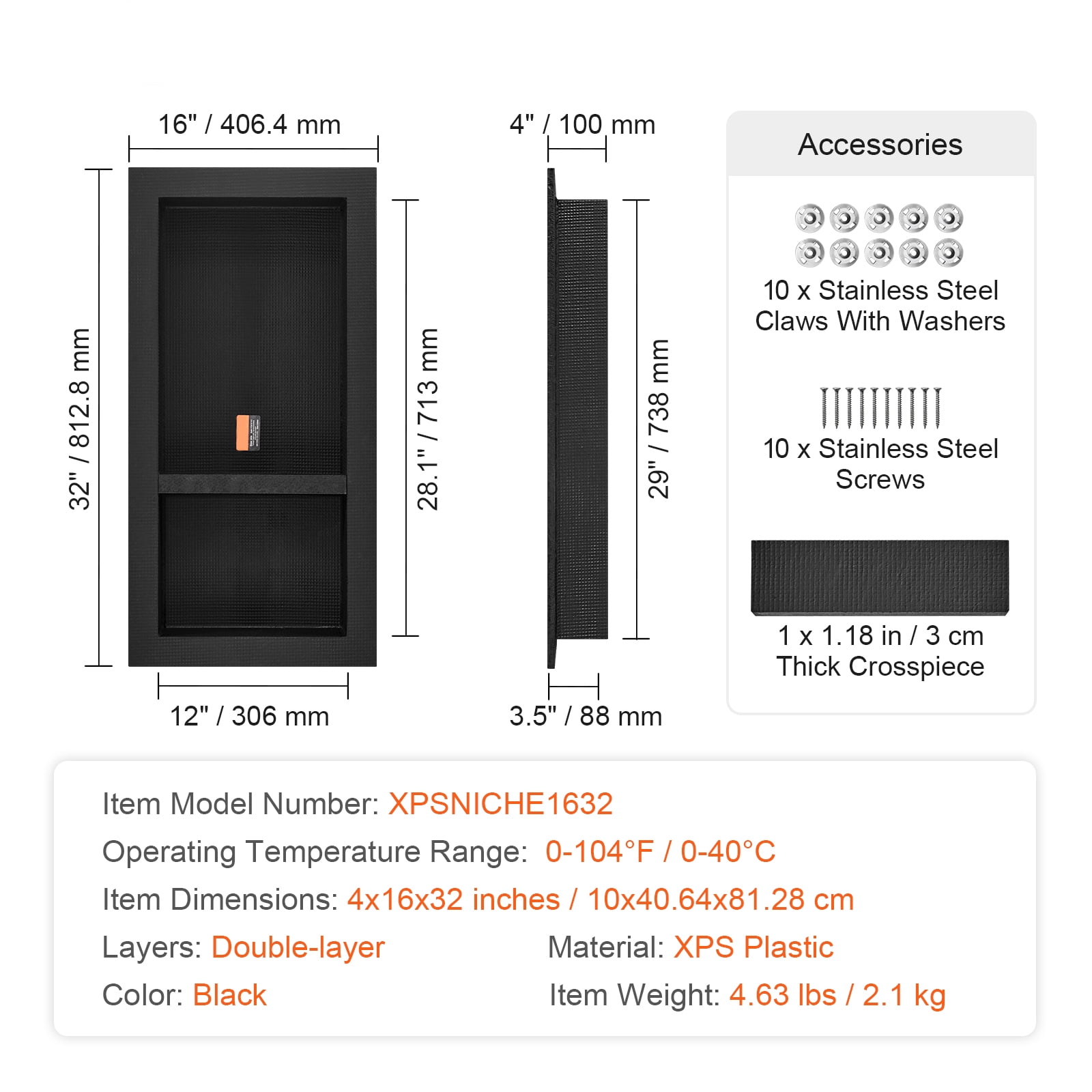 KFFKFF Shower Niche Ready for Tile 16" x 32", Double Shelf Wall Insert Organizer with Square Corners, Waterproof Recessed Storage for Bathroom and Shower, Black