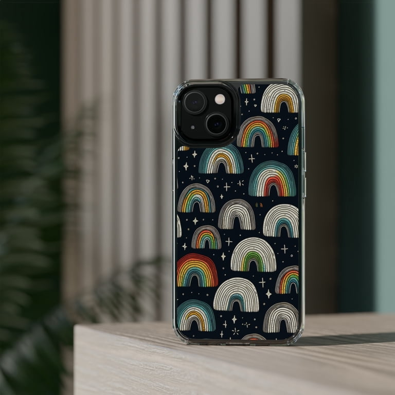 DistinctInk Clear Hybrid Case for Apple iPhone 13 (6.1" Screen) - Vibrant  Hand-Drawn Rainbows on Black - Slim Profile Design - Walmart.com