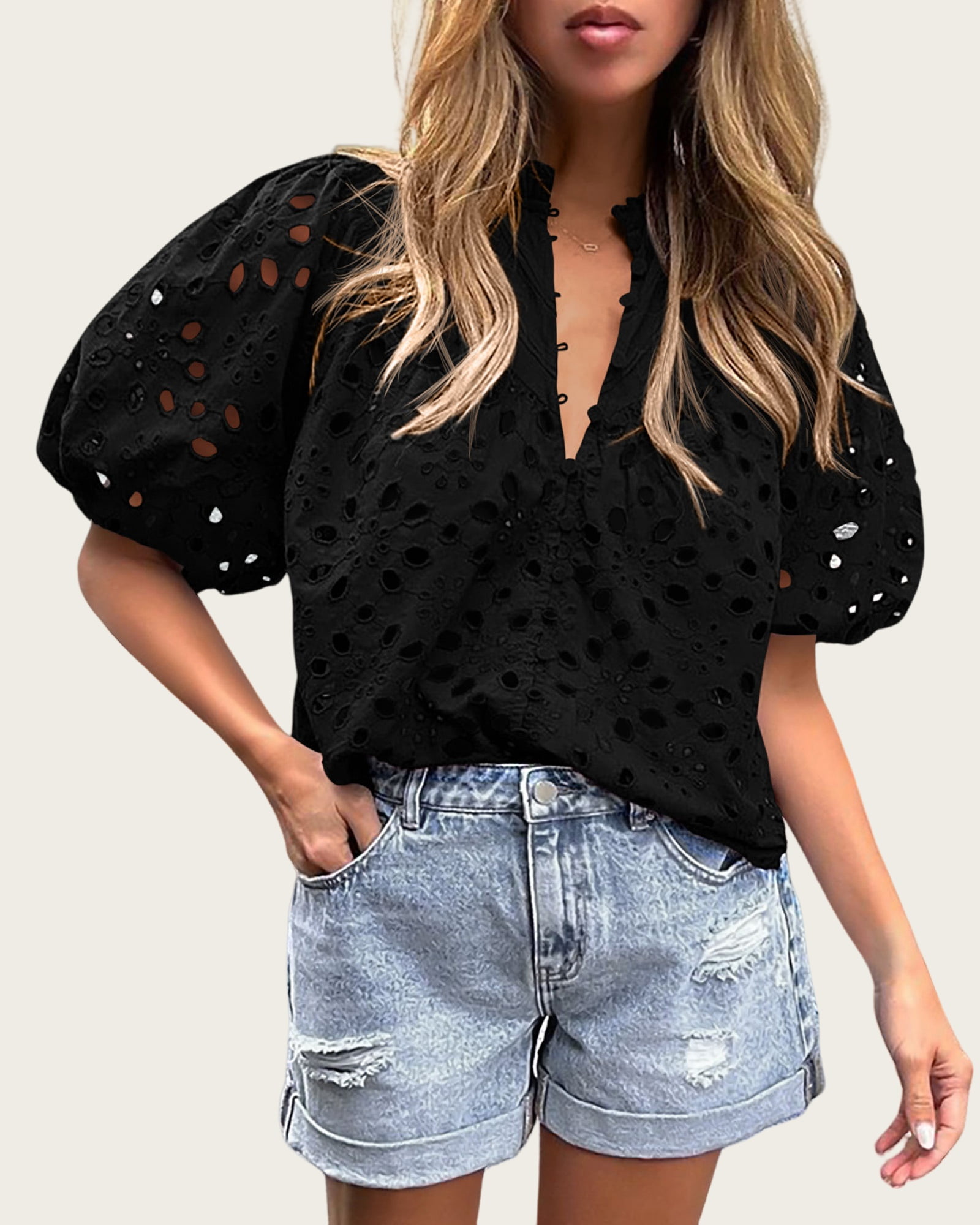PRETTYGARDEN Women's Summer Tops Dressy Casual Short Lantern Sleeve V Neck Buttons Hollow Out Lace Embroidered Blouses Shirts