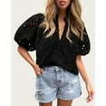 thumbnail image 3 of PRETTYGARDEN Women's Summer Tops Dressy Casual Short Lantern Sleeve V Neck Buttons Hollow Out Lace Embroidered Blouses Shirts, 3 of 10