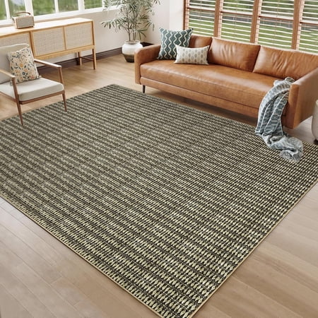 9x12 Washable Area Rug – Low Pile Non-Slip Living Room Modern Braided Design, Taupe