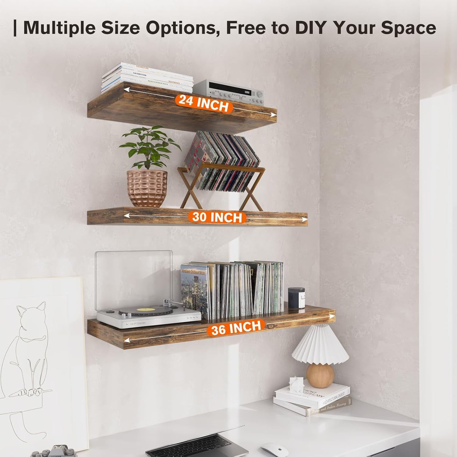 Dumekko Large Floating Shelves for Wall Set of 1 Wooden Wall Shelves 36 in x 10 in x 1 in Room Decor Long Shelf with Invisible Wall Mount Bracket for Bedroom, Kitchen, Living Room, Rustic Brown