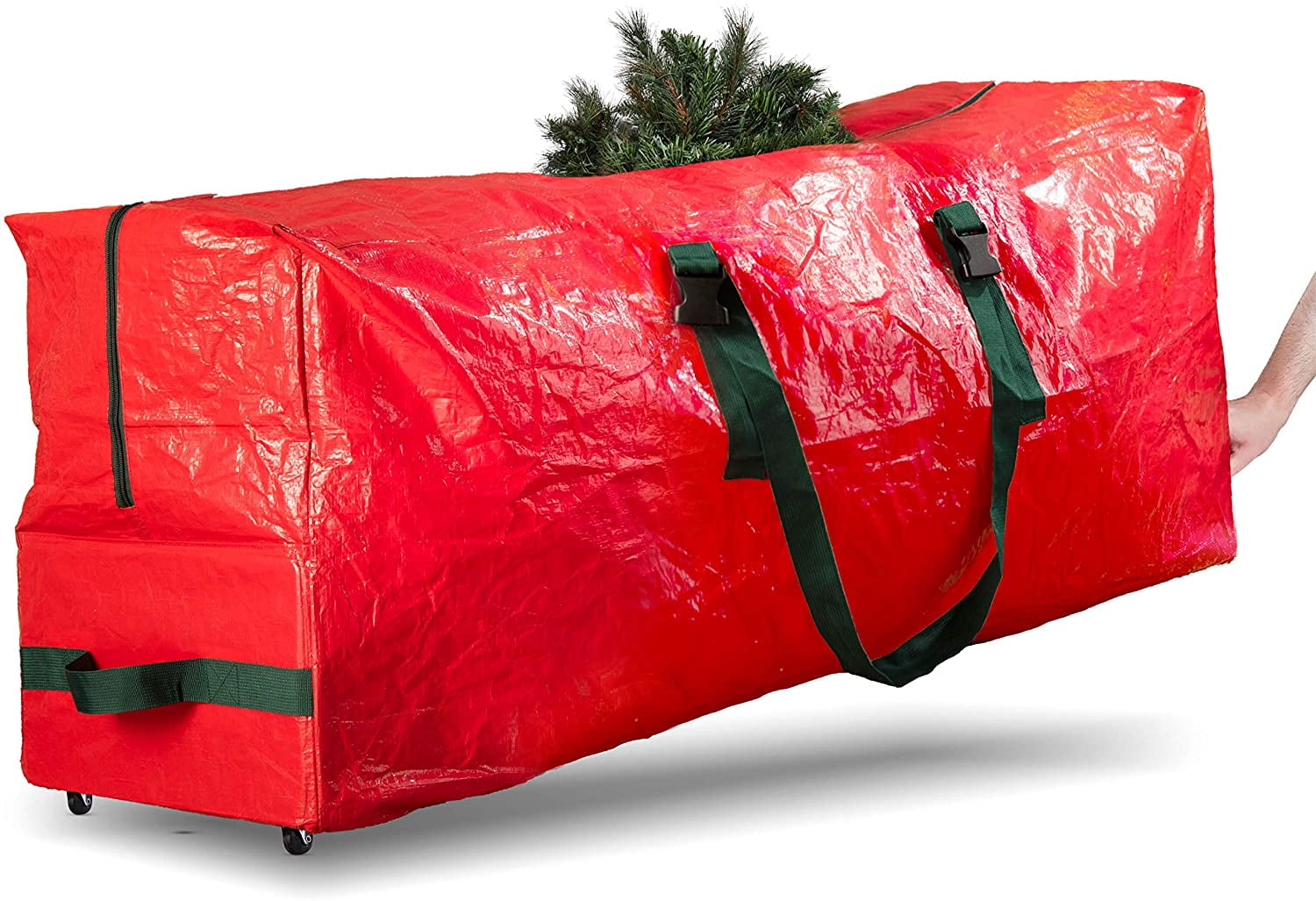 Rolling Large Christmas Tree Storage Bag - Fits Artificial Disassembled Trees, Durable Handles & Wheels for Easy Carrying and Transport - Tear/Waterproof Polyethylene Plastic Duffle Bag (7.5 Ft., Red)