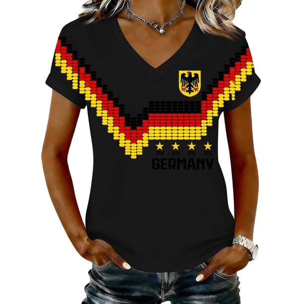 Women's Germany Football Graphic T-Shirt, V-Neck Casual Letter Print T-Shirt, Fashion Short Sleeve Graphic Tee, Summer Daily Lightweight Tops for Soccer Tournament 2026 Black Size: M