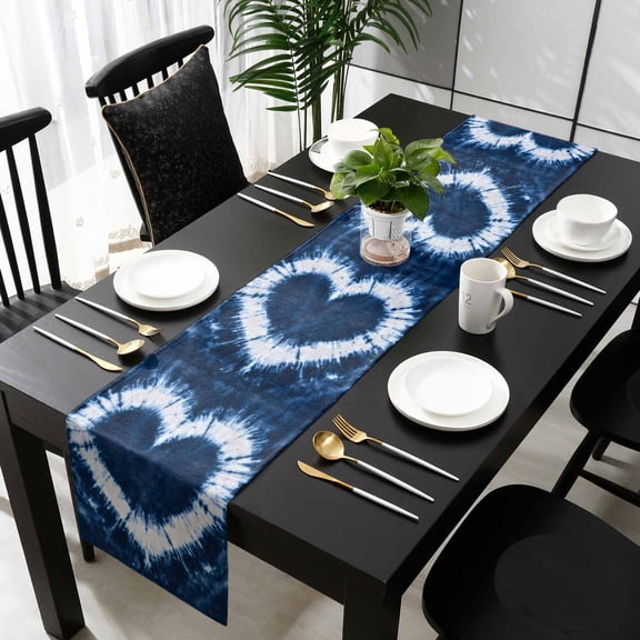 Blue Love Heart Cotton Linen Long Table Runner 13 x 108 inch Boho Ethnic Modern Funny Tie Dye Art Non-slip Rectangular Dining Table Decor for Wedding Party Holiday Dinner