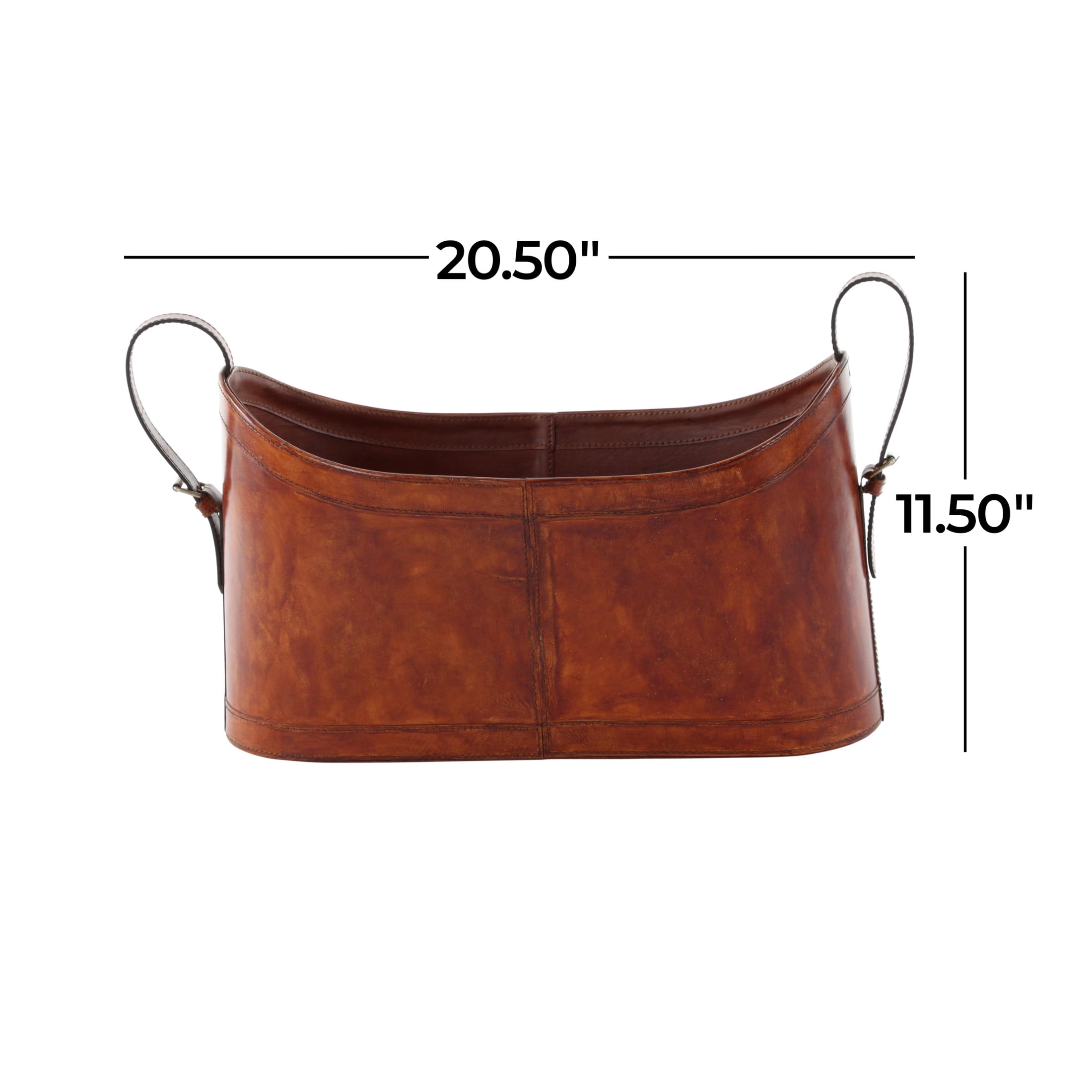 DecMode 12" Brown Leather Handmade Curved Box Style Single Slot Magazine Holder with Buckle Handles