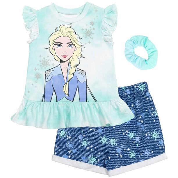 Disney Little Girls 2 Pc Frozen Elsa Embossed Top Skirt Set Blue Size 5