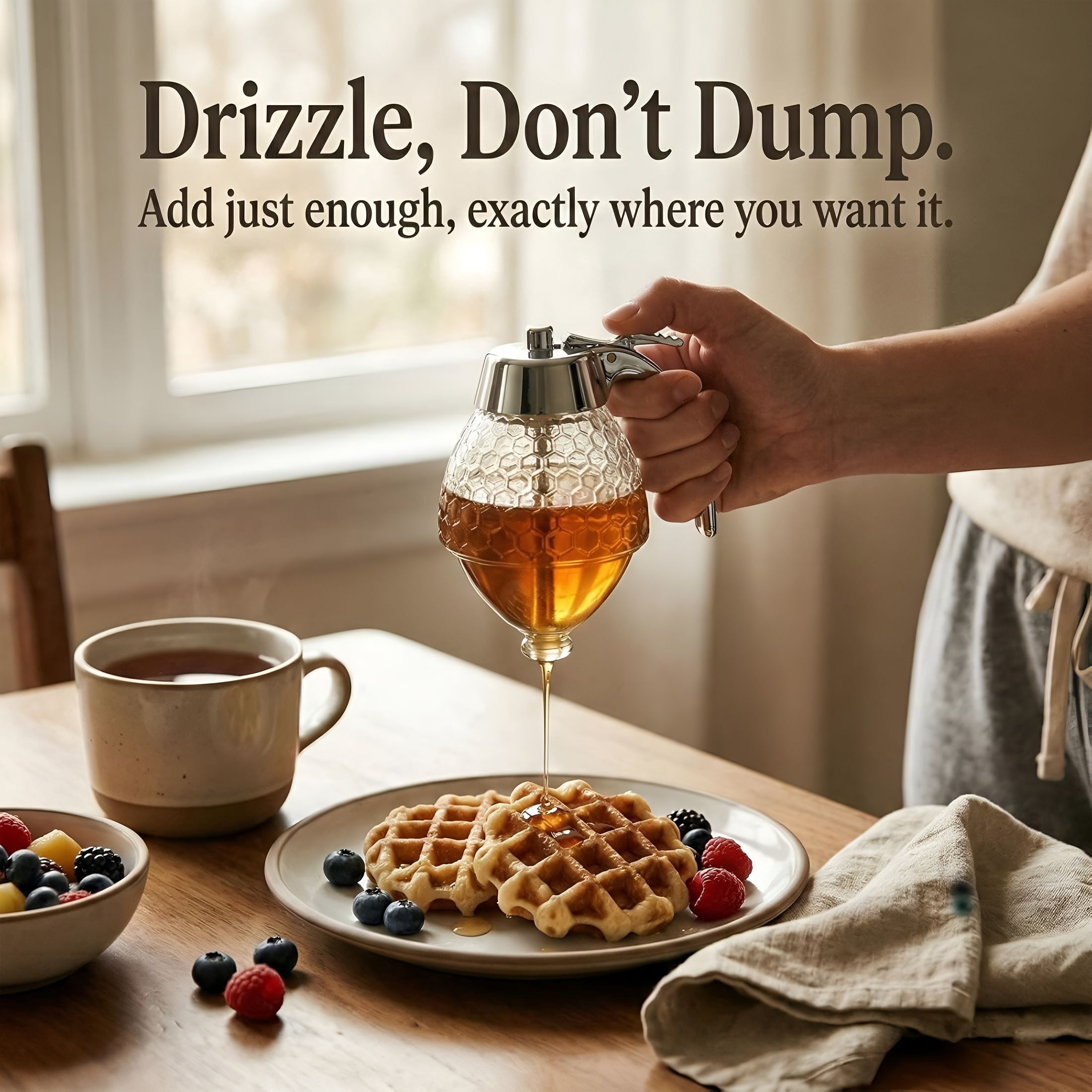 ACDANC Honey Dispenser No Drip,8 Oz Glass Honey Jar with Stand,Leak-Proof Syrup Dispenser for Honey,Maple Syrup and Coffee Syrup,Clear Honeycomb Honey Pot for Coffee Bar & Breakfast Table