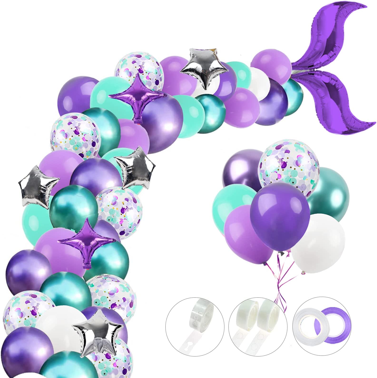 Mermaid Party Decorations, Happiwiz 108 pcs Mermaid Balloon Garland Arch Kit, Mermaid Tail Party Supplies with Purple Green Confetti Balloons for Mermaid Birthday Party Decorations