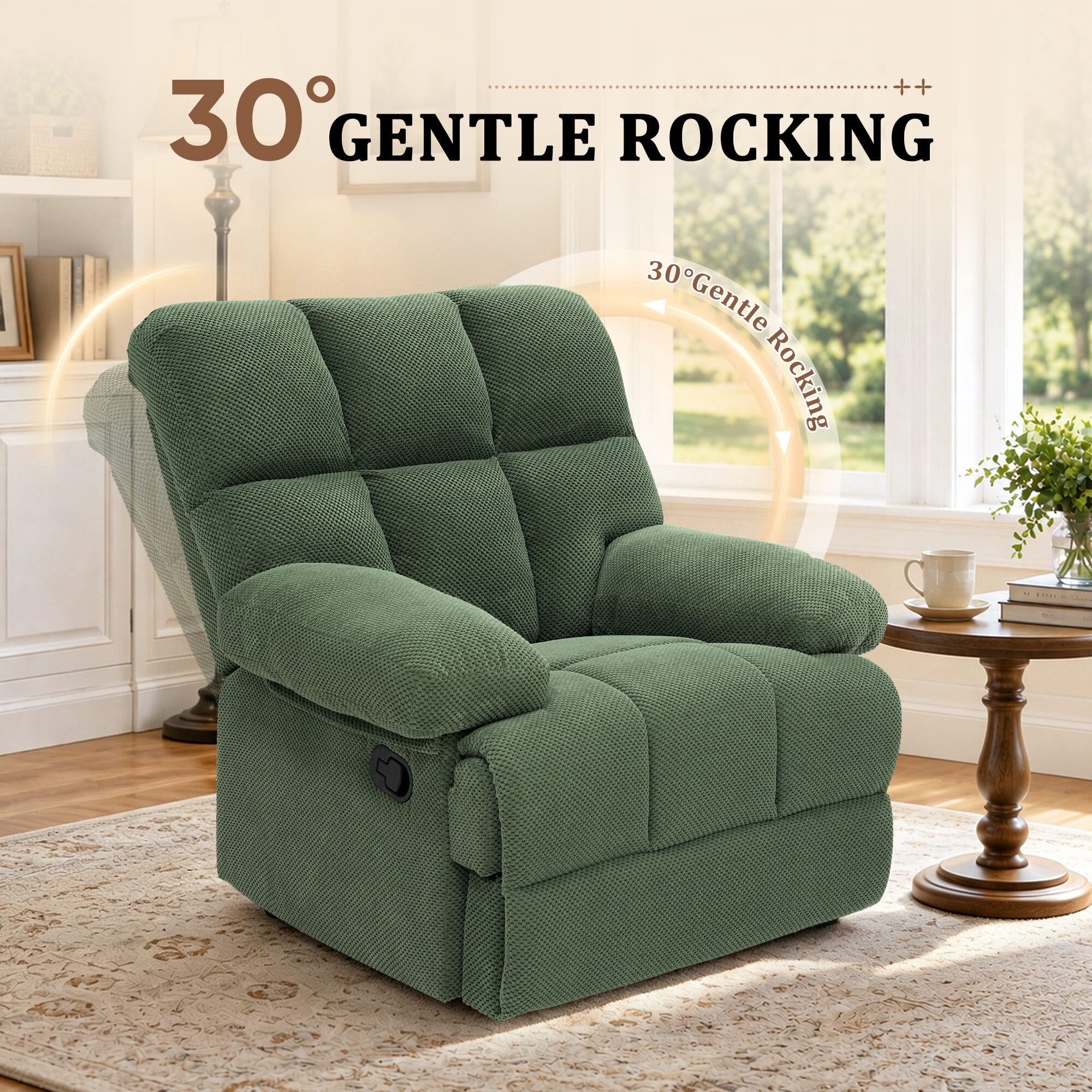 Lunale Manual Rocker Recliner for Home/Office, Adults Fabric Reclining Lounge Chair with Footrest, Green Polyester