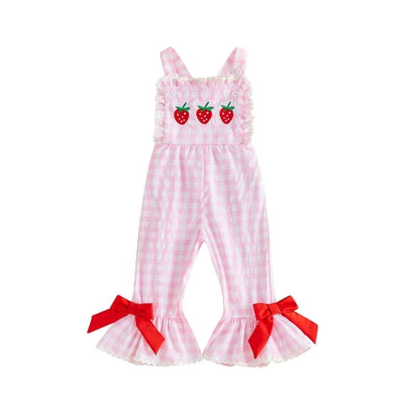 BemeyourBBs Toddler Baby Girls Strawberry Romper Overalls Outfit Sleeveless Plaid Strawberry Embroidery Bell Bottom Jumpsuit Overalls Kids Baby Girl Summer Clothes
